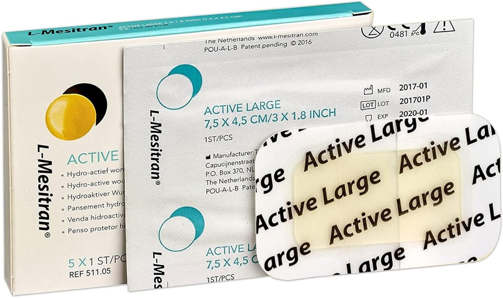 L- Mesitran Medical Grade Honning Bandages (5 stykker i 1 pakke) - 30% Honning - Sår Healing Vandtæt Medicin Non-Adhering Steril Gauze Pads Klædning til at dække små cuts, Abrasions, Burns