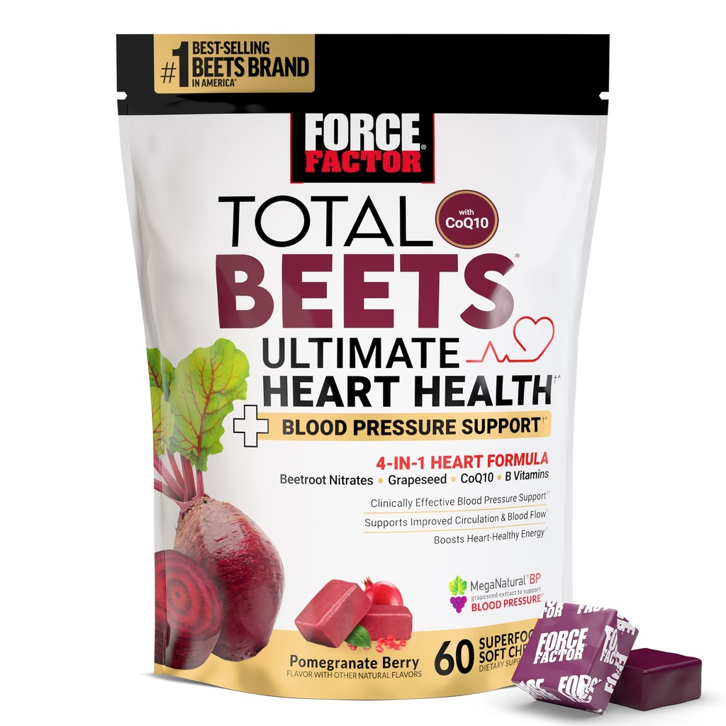 Force Factor Total Beets Ultimate Heart Health Chews for Blood Pressure Support, with Beetroot Powder, CoQ10, B Vitamins & Grapeseed Extract for Blood Flow & Energy, Pomegranate Berry, 60 Soft Chews