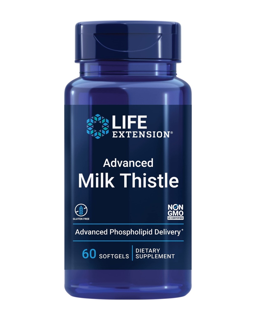 Life Extension Advanced Milk Thistle, silymarin, silybin, phospholipider, fremmer sund leverfunktion, Gluten- Free, Non- GMO, 60 softels