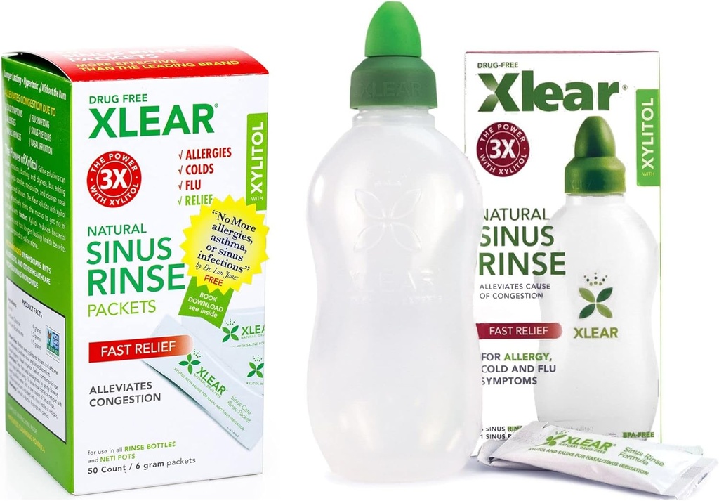 XLEAR Natural Xylitol Sinus Rinse Refill, Neti Pot Saline Packets - Næserengøringsmiddel til hurtig tryk og trængsel Relief, arbejder med de fleste nasal vanding systemer, 50 greve og 1 skylleflaske