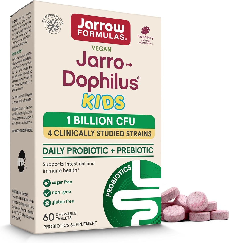 Jarrow Formulas ® Jarro- Dophilus ® Kids Probiotika og Prebiotika, 1 Million CFU, supplement til Intestinal og immunforsvar, 60 Sugar- Free Raspberry- Flavored Chewable Tablets, 30 Day Supply