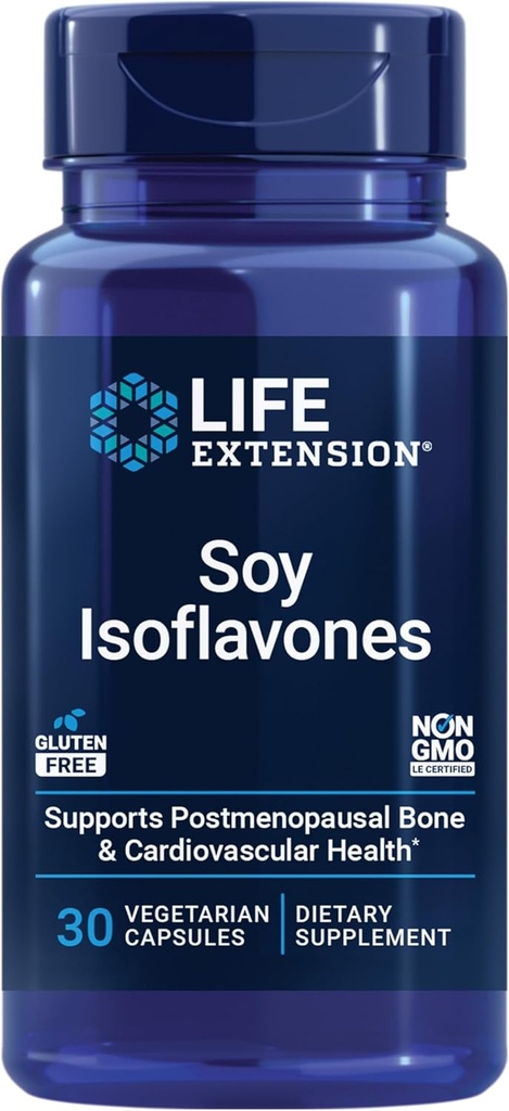 Life Extension Soy Isoflavoner, Heart, Bone & Cellular Health Support til postmenopausale kvinder, Glutenfri, Non- GMO, Vegetar, 30 kapsler