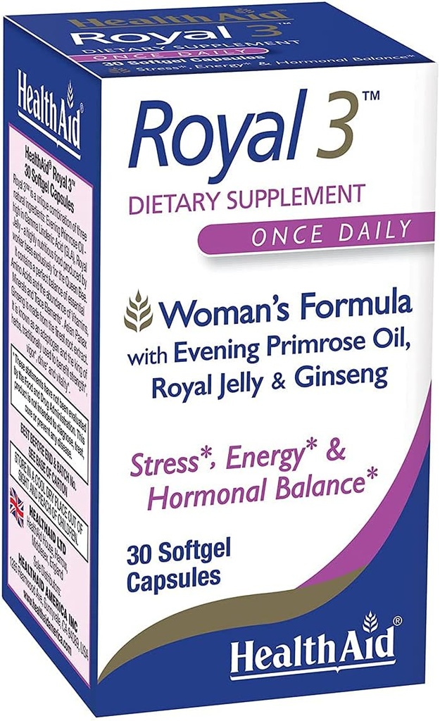 HealthAid Royal 3, med Aften Primrose Oil, Royal Jelly, Ginseng, En gang dagligt, 30 kapsler