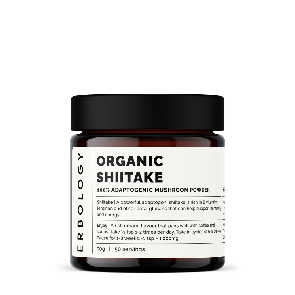 Erbologi Organic Shiitake Mushroom Powder 50 Servering - 11% Beta- glucans - Immunitet og energi - Lentinula edodes - Lille Batch - Bæredygtigt dyrket i Europa - Vegansk - Ikke-GMO - Ingen Tilføjet Fillers