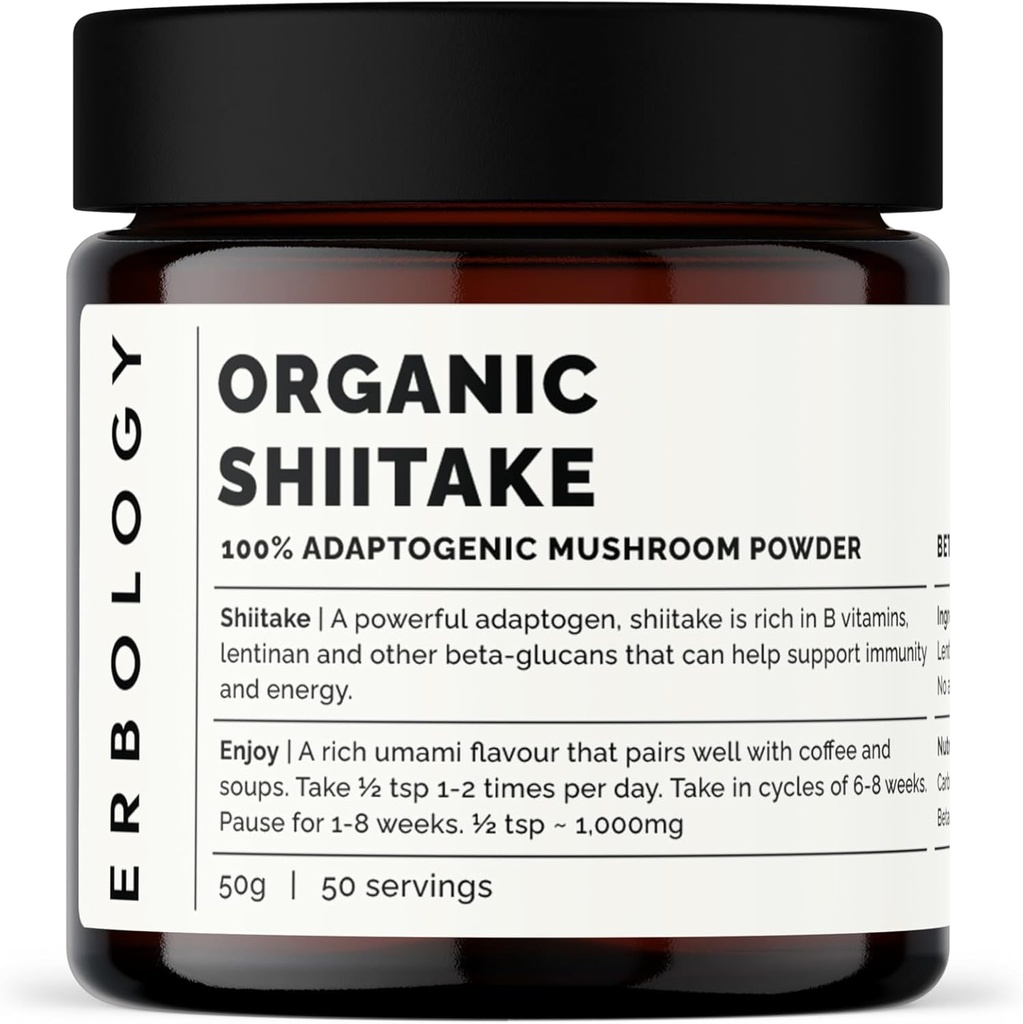 Erbology Organic Shiitake Mushroom Powder 50 Servings - 11% Beta-glucans - Immunity and Energy - Lentinula edodes - Small Batch - Sustainably Grown in Europe - Vegan - Non-GMO - No Added Fillers
