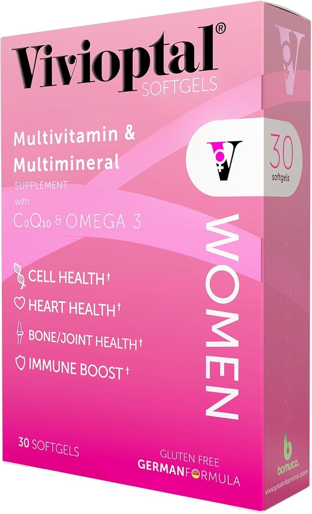 Vivioptal Kvinder, 30 kapsler, CoQ10 & Omega-3, Multivitamin & Multimineral, Gluten Free, Tysk Formel