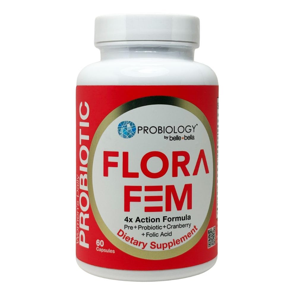 Belle + Bella Probiology Flora Fem - Daglig Probiotika for kvinder - 4X Action Prebiotic + Probiotic + Cranberry + Folinsyre til fordøjelse, urinveje, reproduktiv & vaginal sundhed - 60 Caps