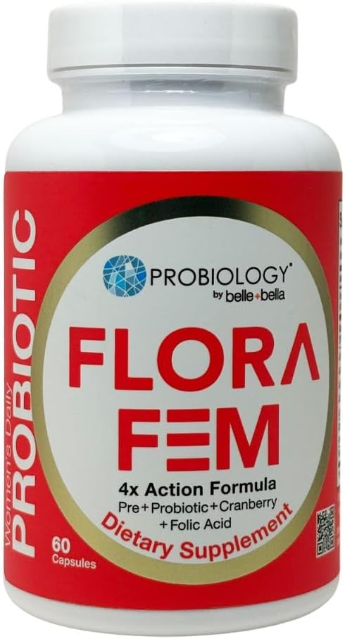 Belle + Bella Probiology Flora Fem - Daglig Probiotika for kvinder - 4X Action Prebiotic + Probiotic + Cranberry + Folinsyre til fordøjelse, urinveje, reproduktiv & vaginal sundhed - 60 Caps