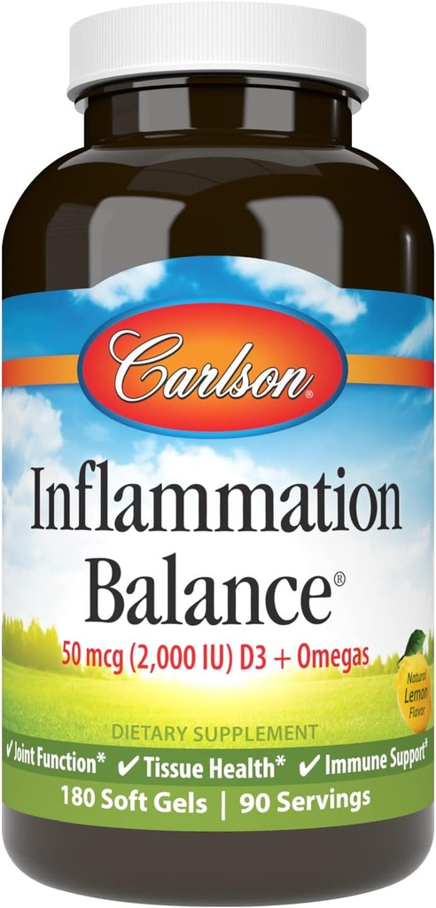 Carlson - Inflammation Balance, Balanceret Omega-3 & Omega- 6 Ratio, med D3, Norwegian, Wild- Caught Fish Oil Supplement med fede syrer, bæredygtigt sødet Fish Oil Kapsler, 180 Softgels