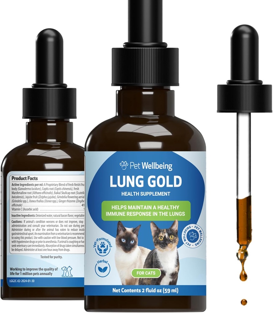Pet Wellbeing Lung Gold for Cats - Lung immunforsvar, Lower Respiratory Health, Open Airways, Normal Breathing, Reishi, Coptis - Veterinarian- Formuleret Herbal Supplement - 2 oz (59 ml)