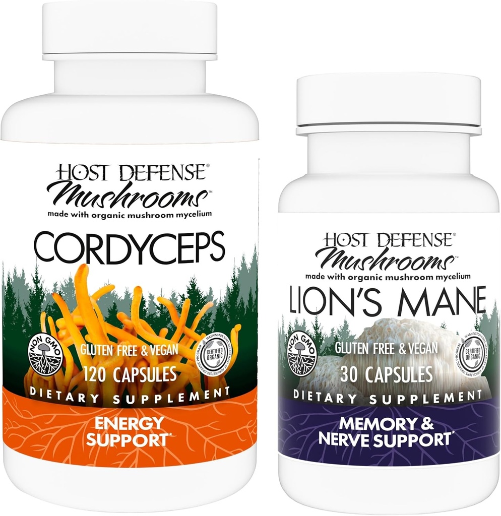 Host Defense Bundle med Cordyceps Kapsler, 120 Grev & Lions Mane Kapsler, 30 Greve - Støtte immunforsvar Sundhed & Energi - Support Brain Health, Memory & Focus *