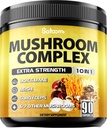 Satoomi 10in1 Mushroom Supplement Complex - Lions Mane, Cordyceps, Reishi, Chaga og 6 mere - Hjernetilskud til hukommelse og fokus - 90 Greve - 3 Måneder Supply