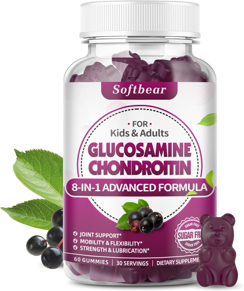 softbear Glucosamin Chondroitin Gummies, Sugar Free Glucosamin Chondroitin MSM Supplement til Elderberry Gurkemeje Understøtter fælles sundhed & antioxidant, Elderberry Flaved 60 Greve