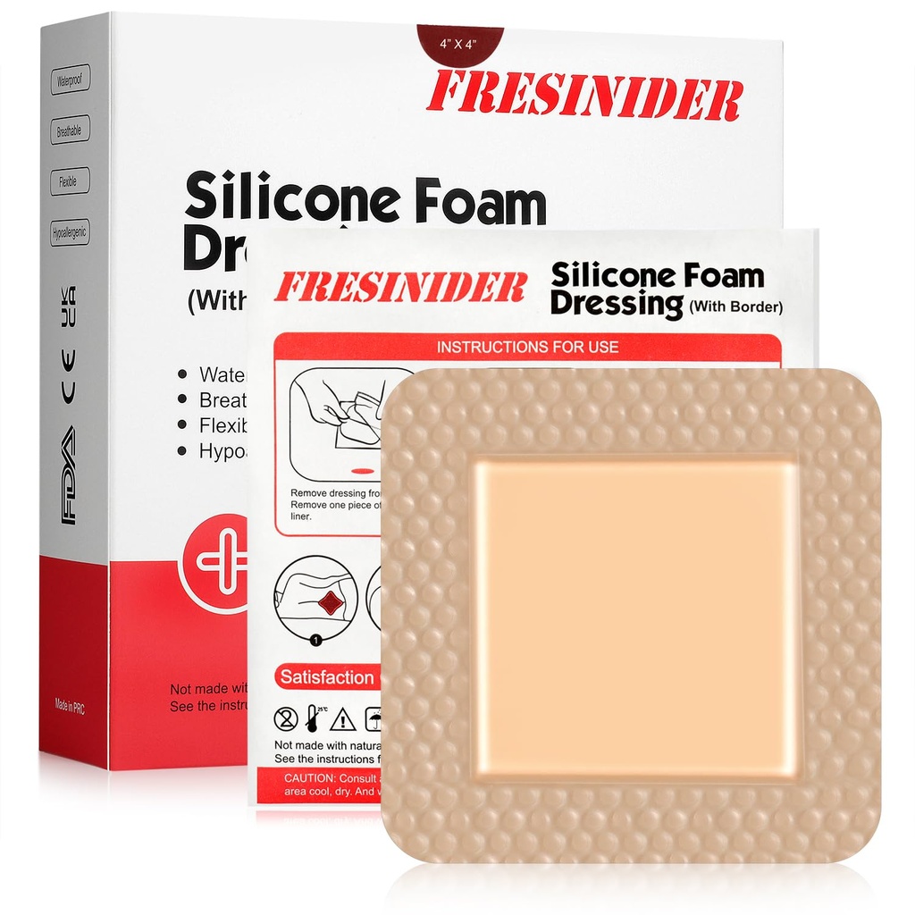 FRESISONDER Silicone Foam Dressing with Adhesive Border - Sår Dressing Bandage - Silicone Foam Pad - Pack af 10 - 4 x 4 Tommer Store vandtætte Bandages - Self Adhesive Sårpleje og Dressings