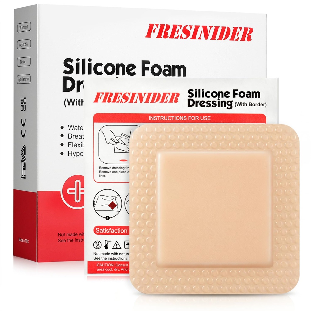 FRESISONDER Silicone Foam Dressing with Adhesive Border - Sår Dressing Bandage - Silicone Foam Pad - Pack af 10 - 4 x 4 Tommer Store vandtætte Bandages - Self Adhesive Sårpleje og Dressings