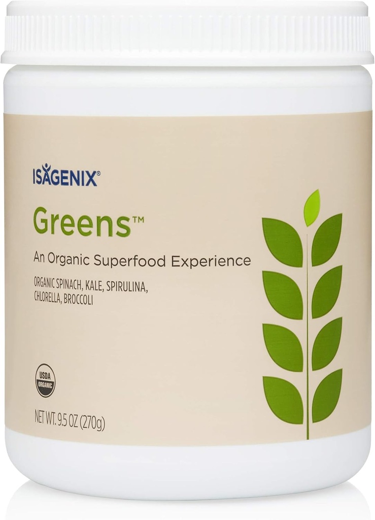 Isagenix Organic Greens, Superfood Drink Mix of Phytonutrient Drink Mix with Organic Spinach, Kale, Spirulina, Chlorella, Broccoli, and More to Support Diet - 270 Grams (30 Servings)