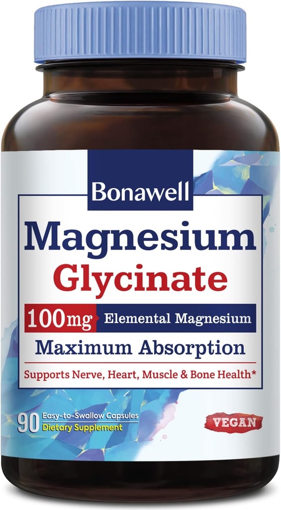 Bonawell Magnesium Glycinat, chelateret Magnesiumsupplement, maksimal biotilgængelighed & Absorption, No Gluten, 100 mg Elemental Magnesium, Nerve, Heart, Muscle Health & Relaxation, 90 Vegankapsler