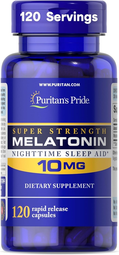 Puritan 's Pride Premium Super Strength Melatonin 10mg Sleep Aid, Kosttilskud til lyd, Rastful, og Længere Sleep Support, 4 Måned Supply, 120 Rapid Release Kapsler (Packaging May Vary)