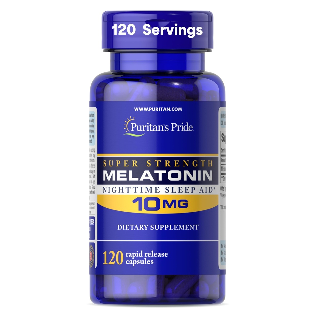 Puritan 's Pride Premium Super Strength Melatonin 10mg Sleep Aid, Kosttilskud til lyd, Rastful, og Længere Sleep Support, 4 Måned Supply, 120 Rapid Release Kapsler (Packaging May Vary)