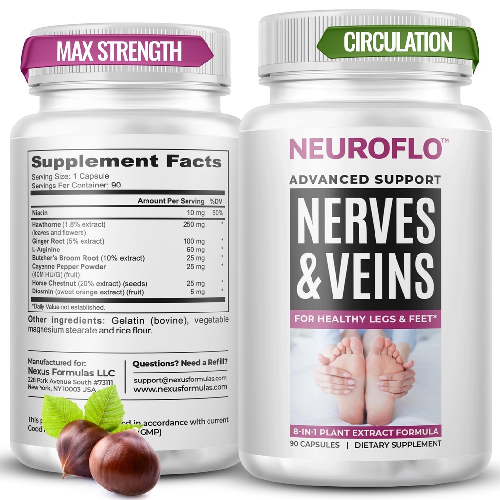 Mizzle Leg Circulation Supplement - Understøtter Nerves, Veins med 1470mg, 8 i 1 Kapsel af Chestnut, Diosmin, Hawthorn for maksimal Relief i Toes, Feet, Ankler, Kalve, Ben - Neuroflo