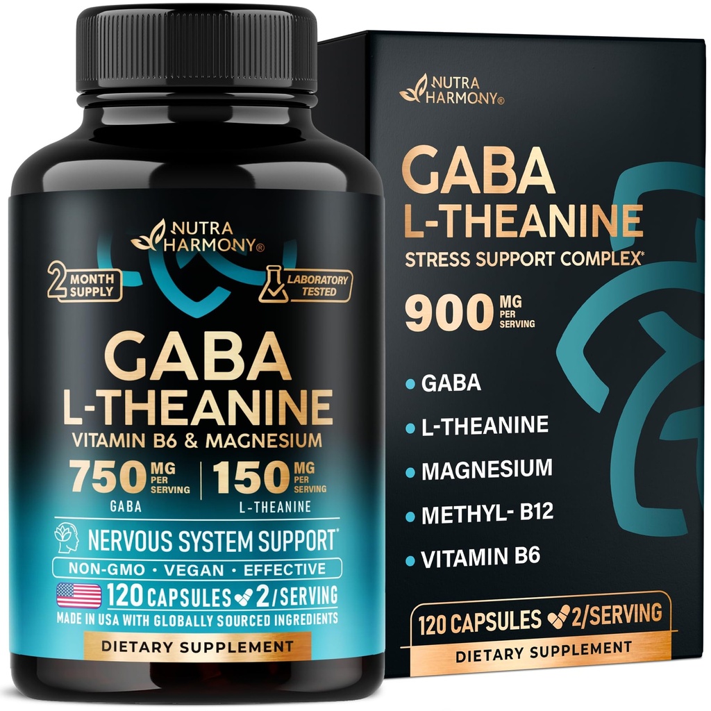 GABA L- Theanine 900 mg - Made in USA - Magnesiumstearat 124; vitamin B6 - Rolig, søvn, afslapning & Mood Support - 750 mg Gamma AminoButyric Acid, 150 mg L- Theanine - Non-Habit Danning, Vegan - 120 Kapsler