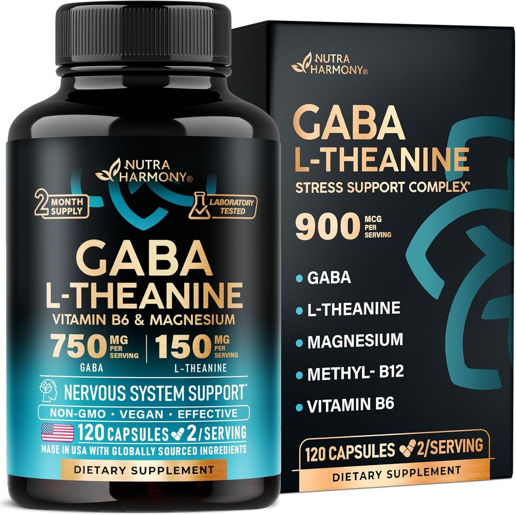 GABA L- Theanine 900 mg - Made in USA - Magnesiumstearat 124; vitamin B6 - Rolig, søvn, afslapning & Mood Support - 750 mg Gamma AminoButyric Acid, 150 mg L- Theanine - Non-Habit Danning, Vegan - 120 Kapsler