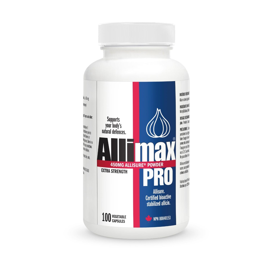 Allimax Pro 450 mg 100 Vegicaps. Allicin hvidløg supplement til støtte din krop immunfunktion. Med stabiliseret Allicin Extracted fra Clean & Sustainable Spanish Grown Hvidløg. Professionel styrke