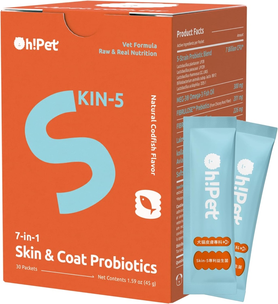 Oh! Pet ® Skin & Coat Probiotika - 7B CFU Pulver til hunde & katte med Omega-3 & Eggshell Membrane (30 Pakker)