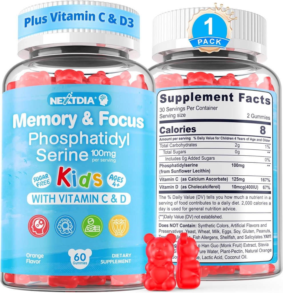 Phosphatidylserin Supplement 100mg, Focus Gummies for Kids Teens + vitamin C & D3 400IE, Sugar Free Kids Brain Gummies Øge opmærksomhed & koncentration, Chewable, Vegan, Gluten Free, Non- GMO 60Cts