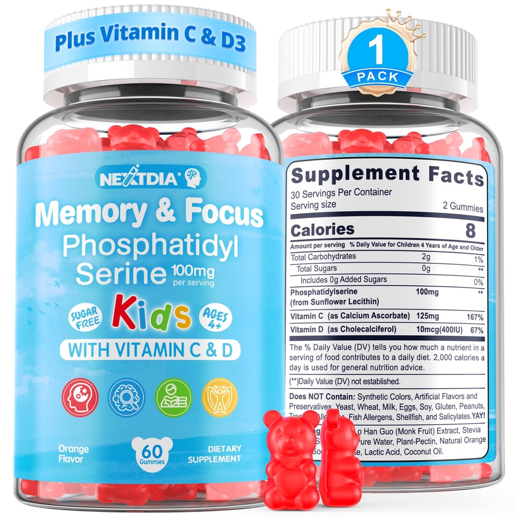 Phosphatidylserin Supplement 100mg, Focus Gummies for Kids Teens + vitamin C & D3 400IE, Sugar Free Kids Brain Gummies Øge opmærksomhed & koncentration, Chewable, Vegan, Gluten Free, Non- GMO 60Cts