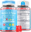 Phosphatidylserin Supplement 100mg, Focus Gummies for Kids Teens + vitamin C & D3 400IE, Sugar Free Kids Brain Gummies Øge opmærksomhed & koncentration, Chewable, Vegan, Gluten Free, Non- GMO 60Cts