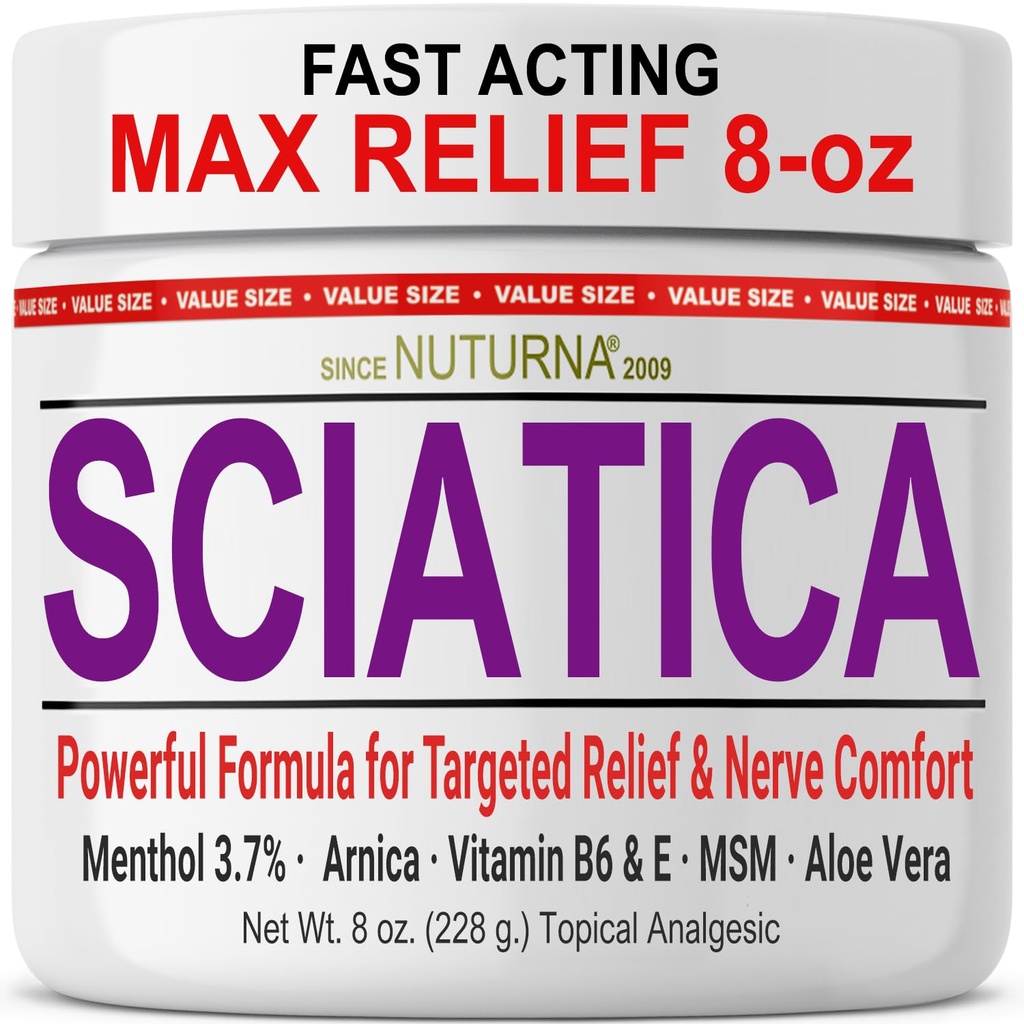 Sciatica Nerve Cream - Maksimal styrke Comfort Cream til fødder, hænder, ben, tæer, tilbage - Natural Ultra Strength Arnica, MSM, Menthol, Lindrende Comfort, Stor 8 Oz