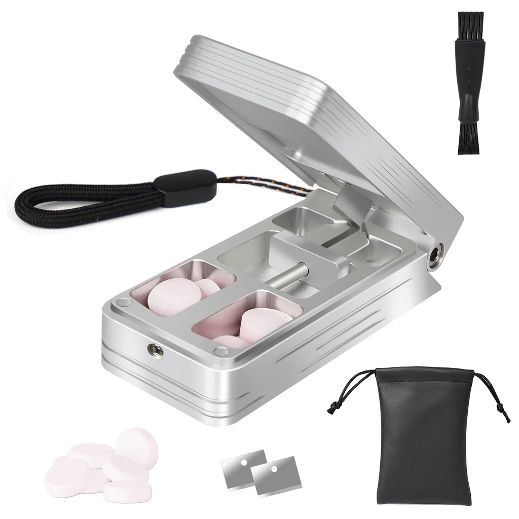 Pill Cutter til små og små piller, Professional Aluminium Pill Splitter med Auto Centry Device og 2 udskiftelige rustfrit stål Blades, Portable Pill Splitter med PU Case (sølv)