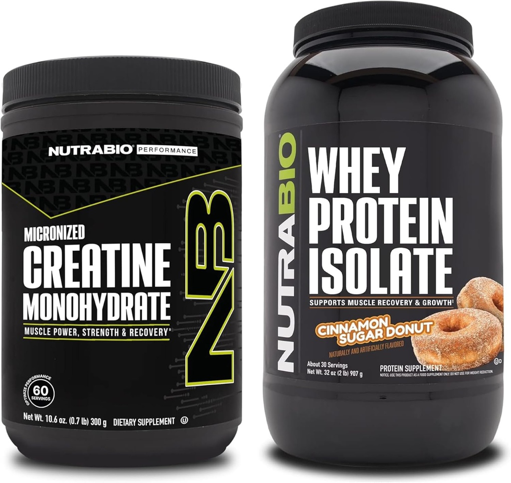 Nutrabio Creatin monohydrat, Unflavored, 300g og Whey Protein Isolate, kanel sukker Donut, Supplement Bundle - Muskelenergi, Lean muskelvækst, Inddrivelse, og styrke