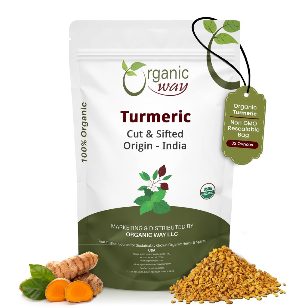 Organic Way Gurmerisk / Haldi Root Cut & Sifted (Curcuma Longa) - Herbal Tea Note 124; Kosher & USDA Certified Measures 124; Vegan, Non- GMO & Gluten Free Measures 124; 100% Raw from India (2LBS / 32Oz.)
