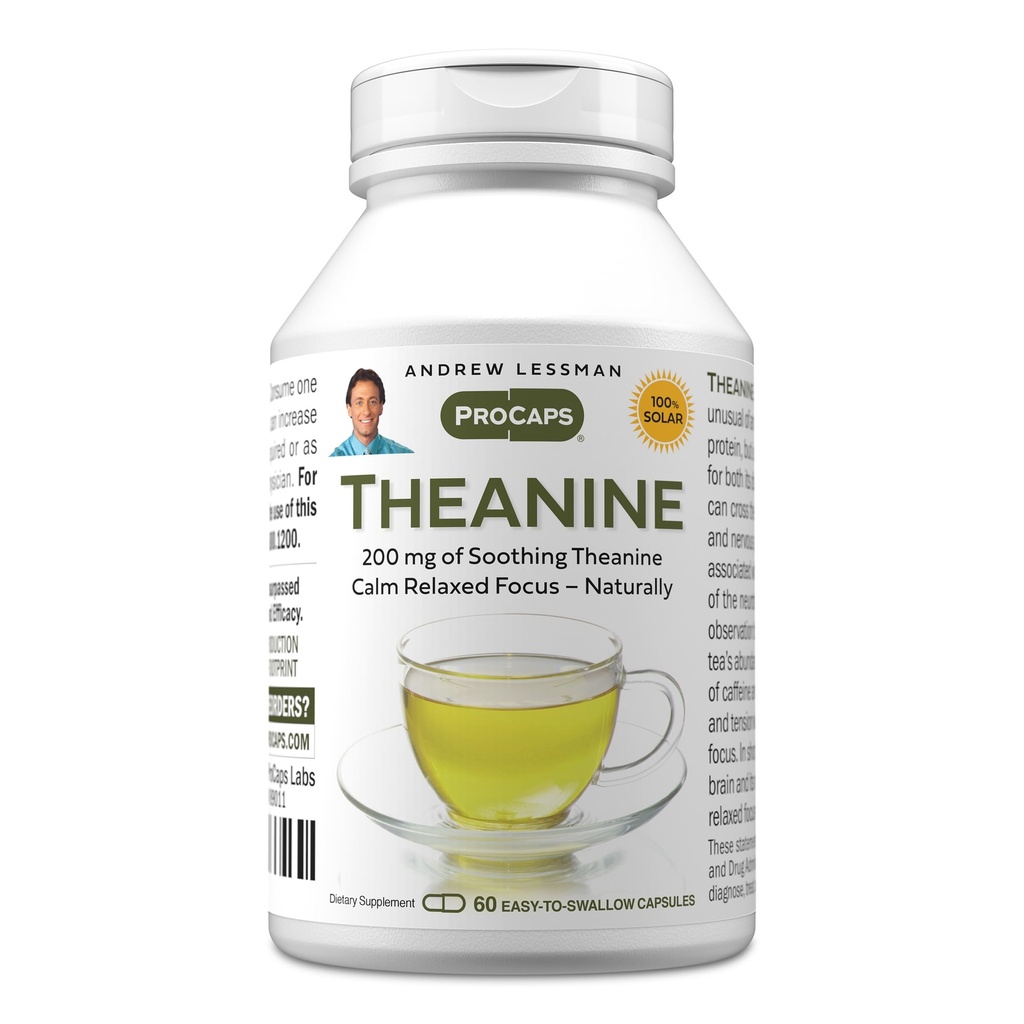 ANDREW LESSMAN Theanin 200 mg - 60 kapsler - fremmer produktionen af Neurotransmitterne Dopamin og Serotonin. Naturlig ro, afslappet fokus uden drukkenskab. Let at synke kapsler.