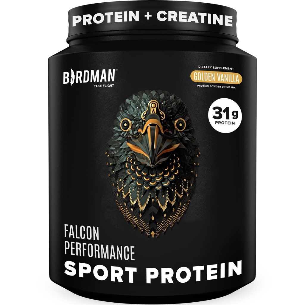 BIRDMAN Falcon Performance Vegan Protein Powder, 31g Protein, 5g Creatin, 5g BCAA, Probiotika, Electrolytes, Pre Workout, Low Carb, Sugar Free & Dairy Free, Plant Based Vanilla Protein -19 Servere