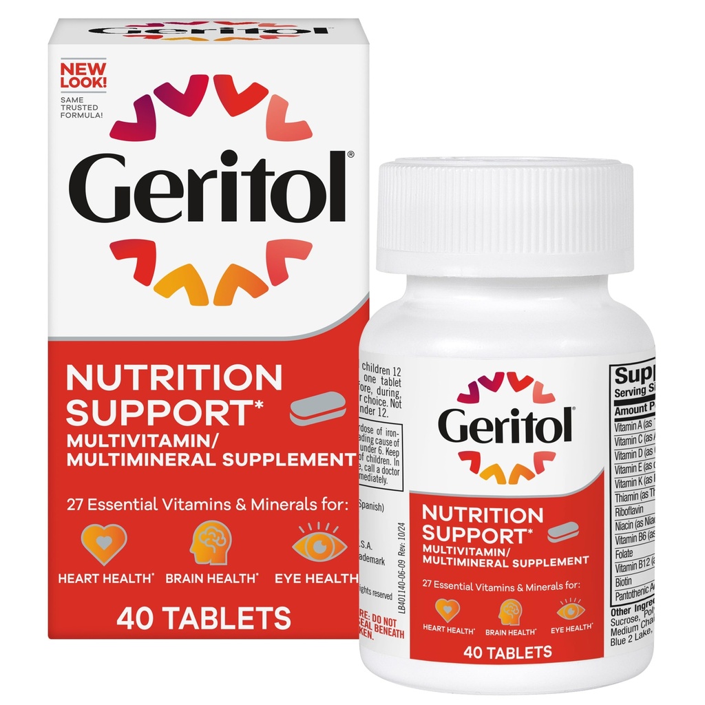 Geritol, Multivitamin Supplement, Indeholder B- Vitamin, Antioxidanter, Vitamin C, E & D og Jern, 26 Essentielle Vitamin og Mineraler, Glutenfri, Non- GMO, Ingen kunstige sødestoffer, 40 tabletter