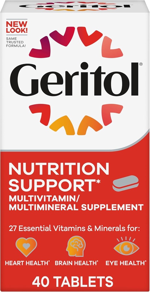 Geritol, Multivitamin Supplement, Indeholder B- Vitamin, Antioxidanter, Vitamin C, E & D og Jern, 26 Essentielle Vitamin og Mineraler, Glutenfri, Non- GMO, Ingen kunstige sødestoffer, 40 tabletter