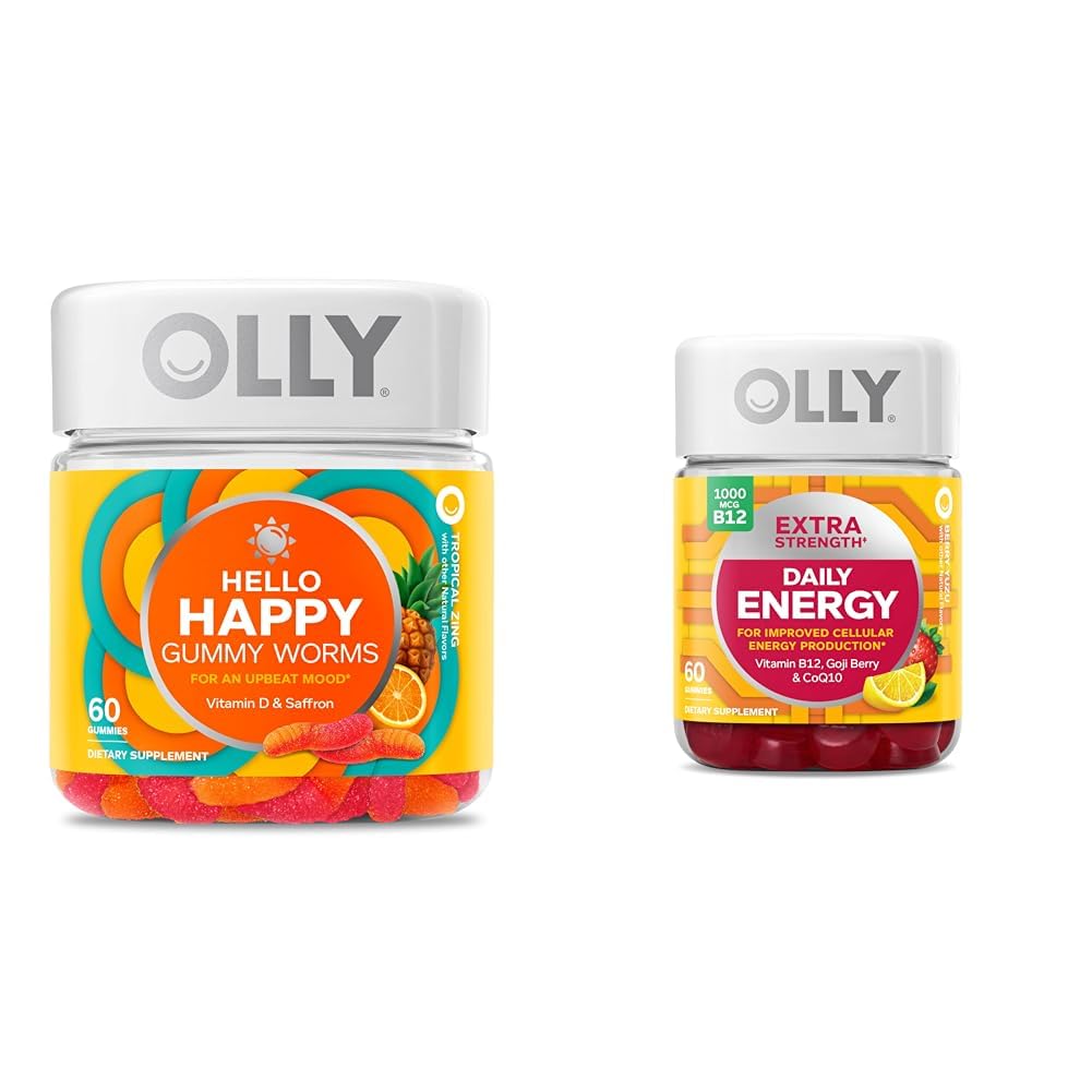 OLLY Hello Happy Gummy Worms, Mood Balance Support, D-vitamin, Safran, Voksen Chewable Supplement & Extra Strength Daily Energy Gummy, Koffein Free, 1000mcg Vitamin B12, CoQ10, Goji Berry
