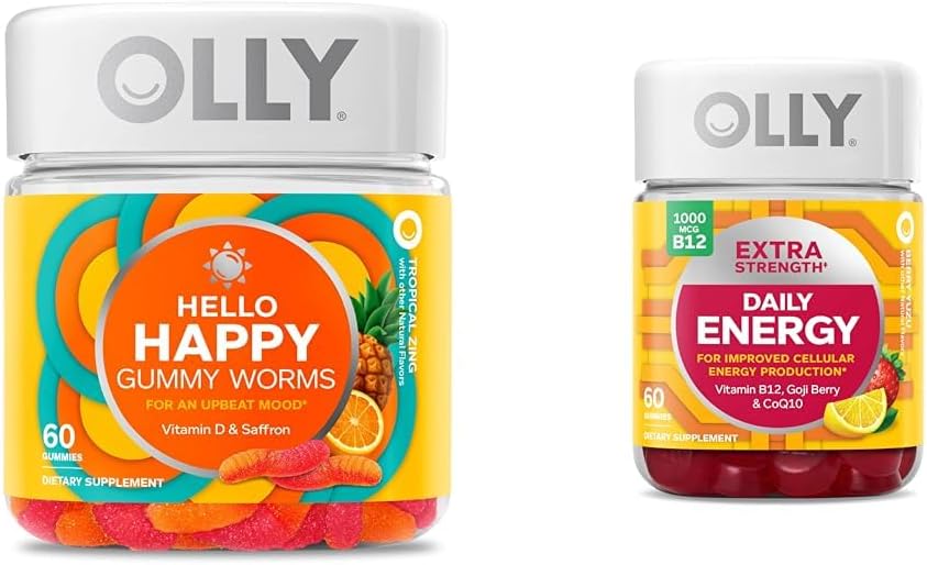 OLLY Hello Happy Gummy Worms, Mood Balance Support, D-vitamin, Safran, Voksen Chewable Supplement & Extra Strength Daily Energy Gummy, Koffein Free, 1000mcg Vitamin B12, CoQ10, Goji Berry