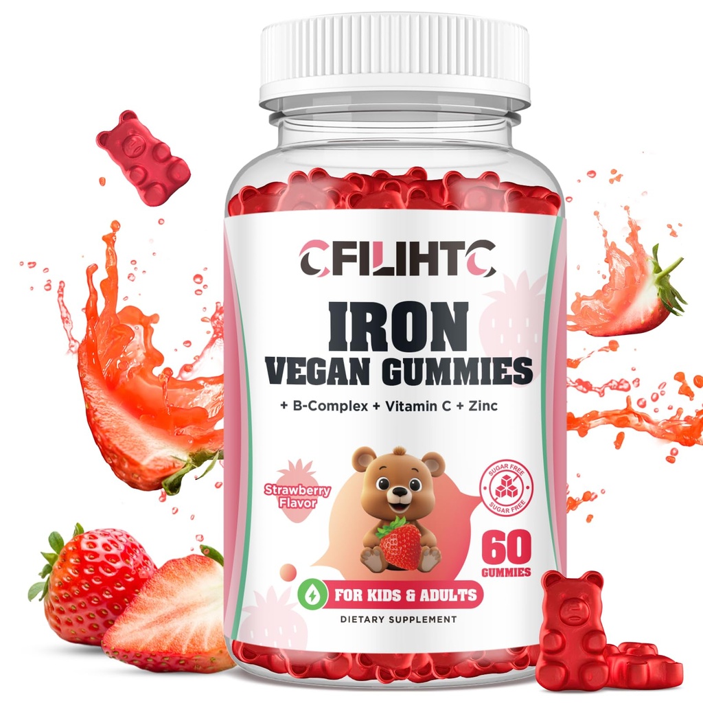 Iron Gummies for Kids, Kvinder & Mænd, Iron Supplement med Multivitamin - Vitamin B Complex, C, B6, B12, Folate, Zink for anæmi, Iron Deficiency, Blood Builder, Energy - Strawberry Flavor, Vegan 60ct