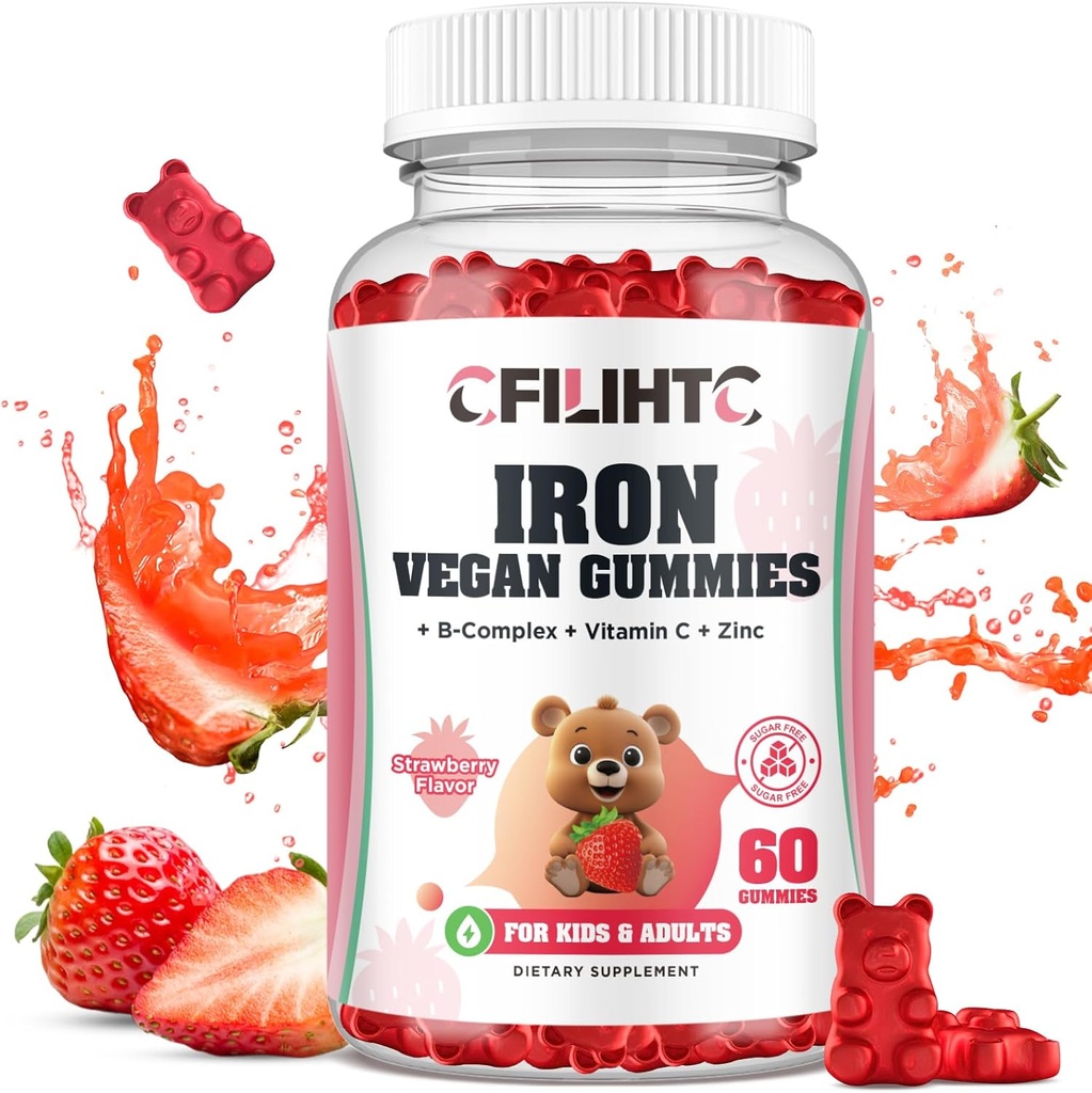 Iron Gummies for Kids, Kvinder & Mænd, Iron Supplement med Multivitamin - Vitamin B Complex, C, B6, B12, Folate, Zink for anæmi, Iron Deficiency, Blood Builder, Energy - Strawberry Flavor, Vegan 60ct