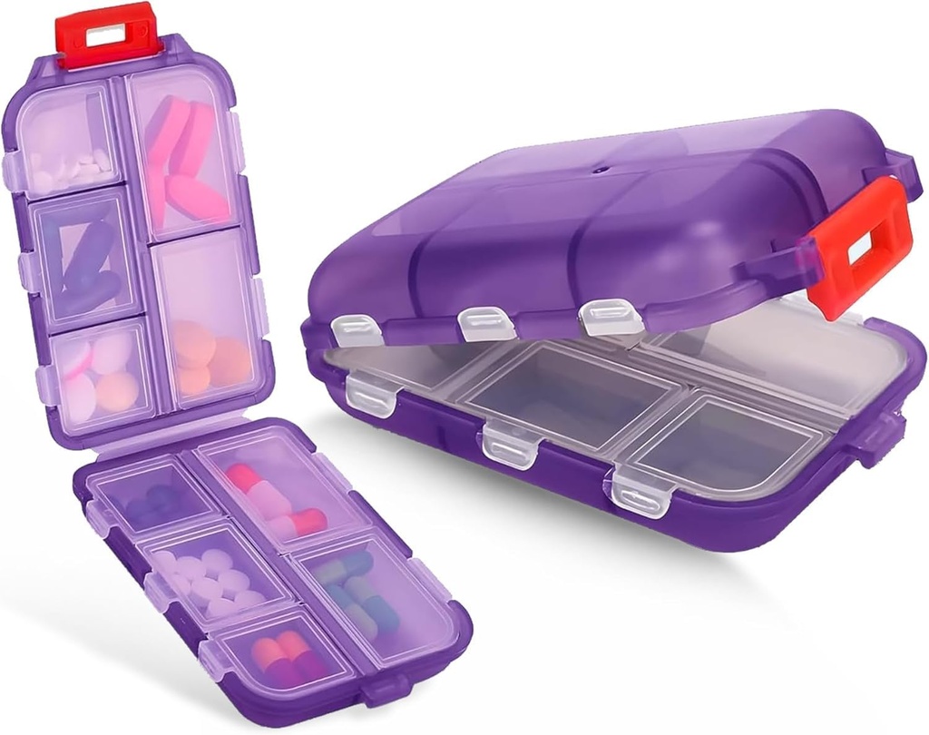 Travel Pill Box - Rejse Pill Organizer - Kompakt Portable Pill Case med 10 Compartments - Pill Case til purse, Pocket - Holdbar Daily Pill Organizer til vitaminer, Kosttilskud (lilla)