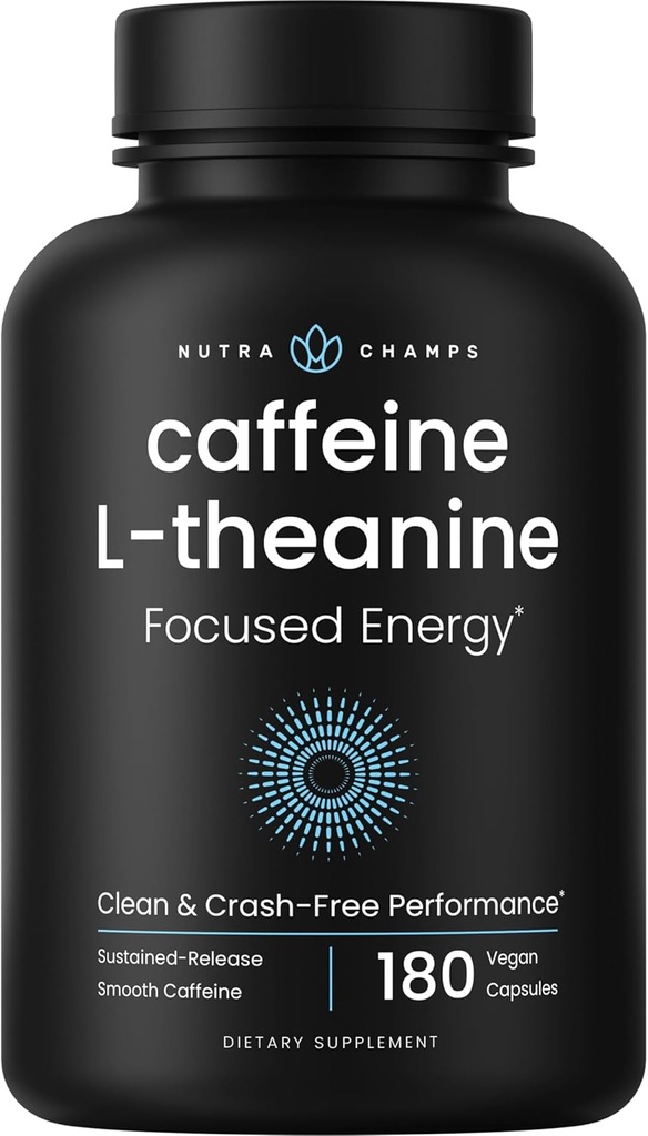 Koffein piller med L- Theanin til Focus Energy, Glat & Clean Energy Supplement for Focus & Performance, No Crash, No Jitters, 60 Vegan Energy Pills