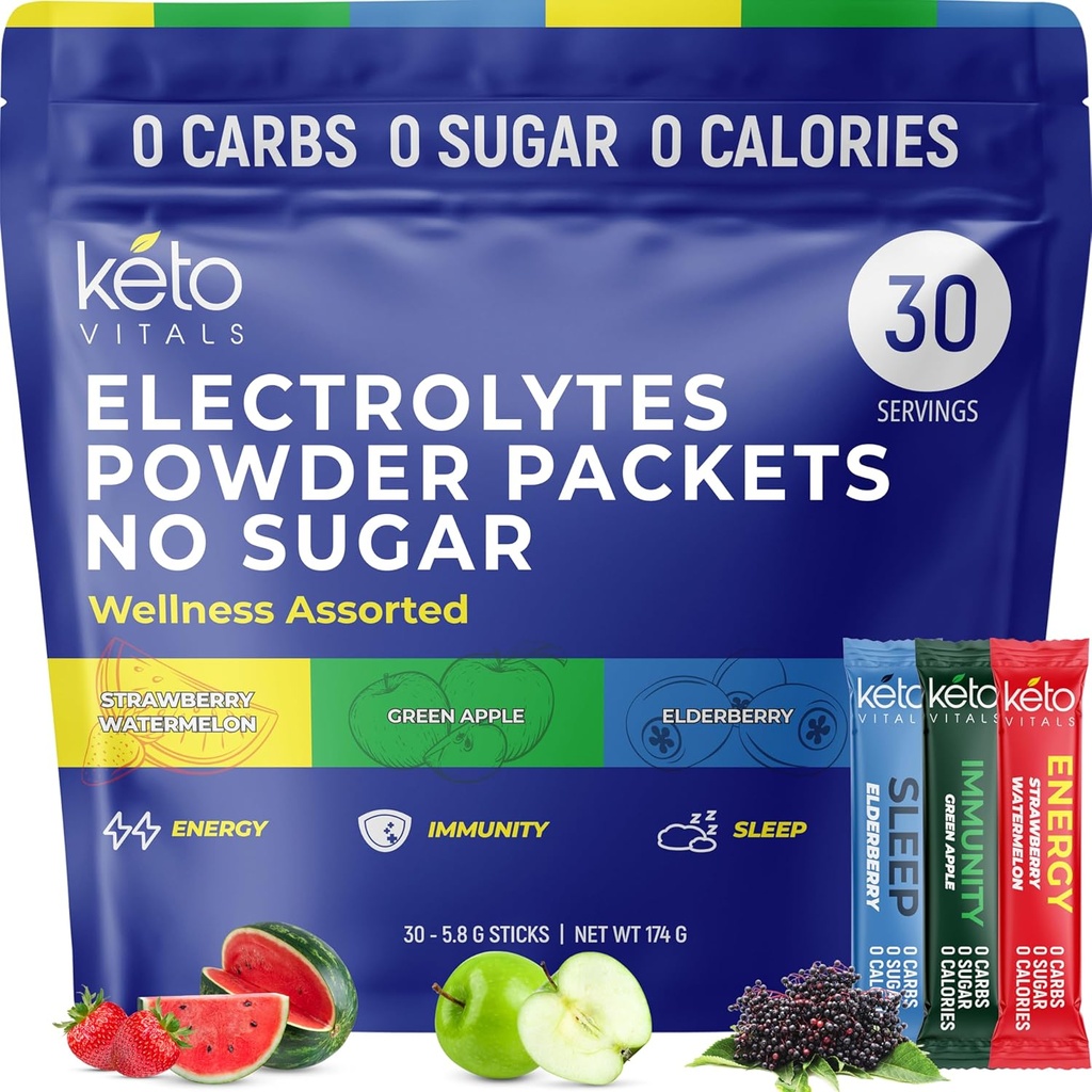 Keto Vitals Electrolytes Powder Packets med energi, Immunitet, Søvntillæg Fordele nogensinde 124; Boost Energy, Styrker Immunitet, Forbedre Søvn Forbedre 124; Zero Sugar, Zero Carb, Zero Calorie