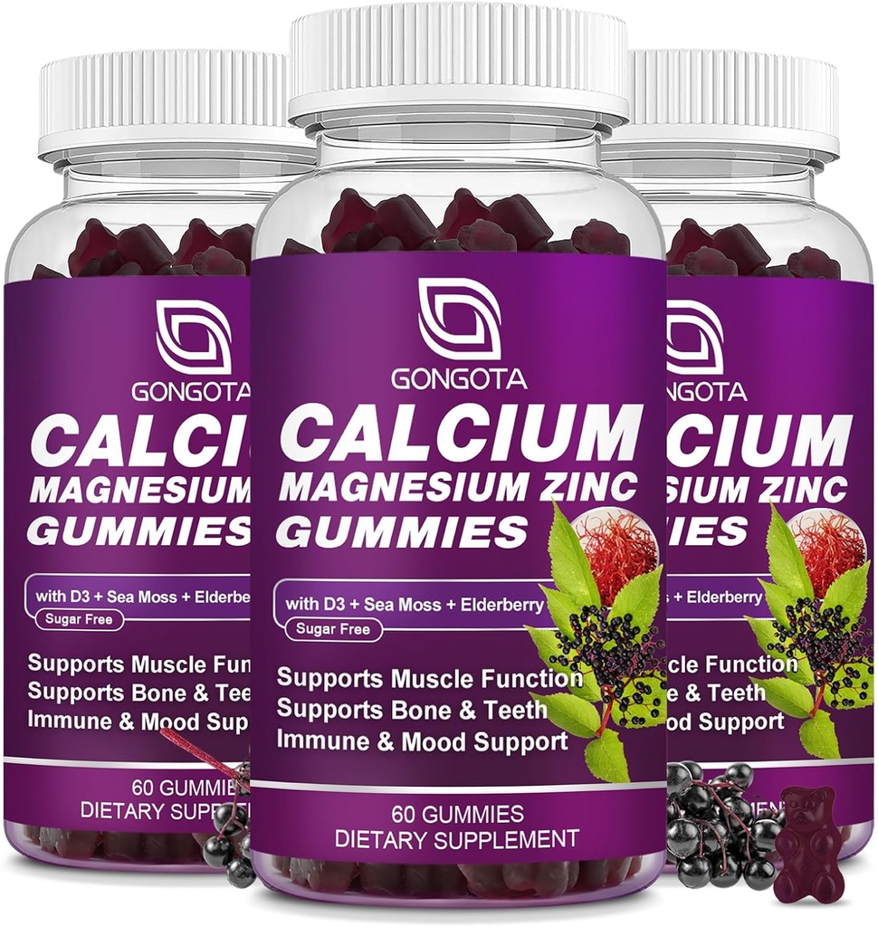 GONGOTA Calcium Magnesium Zink med D3- vitamintilskud, stærkt Absorberet Calcium Gummies med 300 mg Magnesiumglycinat Support Bone & Tænder, Muskel til voksne og teenagere, Sukker fri, Vegan (3 Pack)