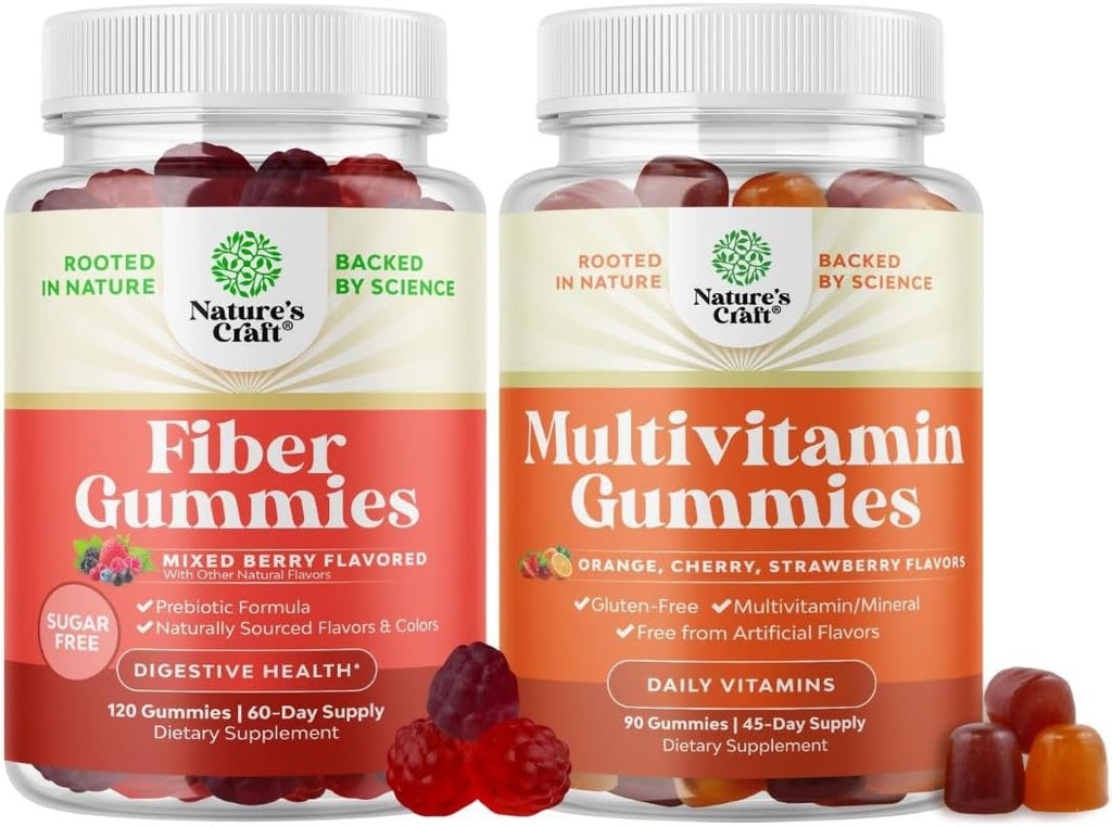 Bundle of fibre gummier for voksne - Chicory Root supplement med Prebiotic for Gut & fordøjelse - Sugar Free & Vegan og Multivitamin Gummies for voksne - Halal Multivitamin Gummy med B12 Biotin