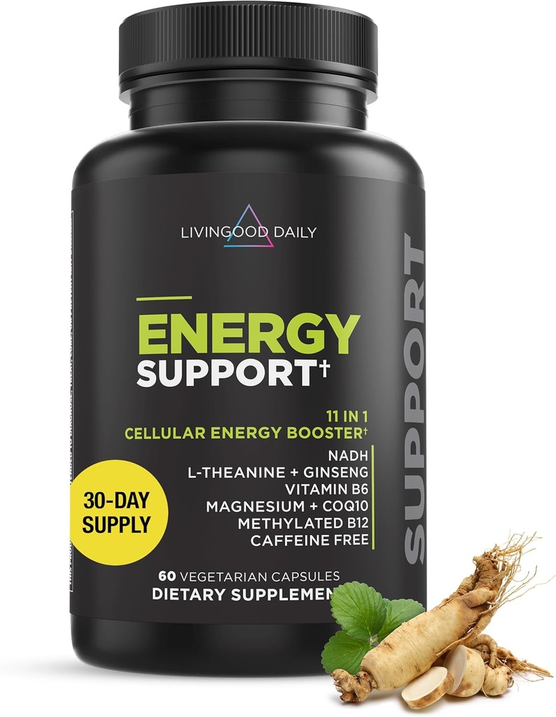 Livingood Daily Energy Support, 11-in-1 Supplement med Magnesium, B6-vitamin, B12, Aminosyrer, L Carnitin, CoQ10, Ginseng & L Theanine, Understøtter naturlig energi til mænd og kvinder, Vegan, 60 kapsler