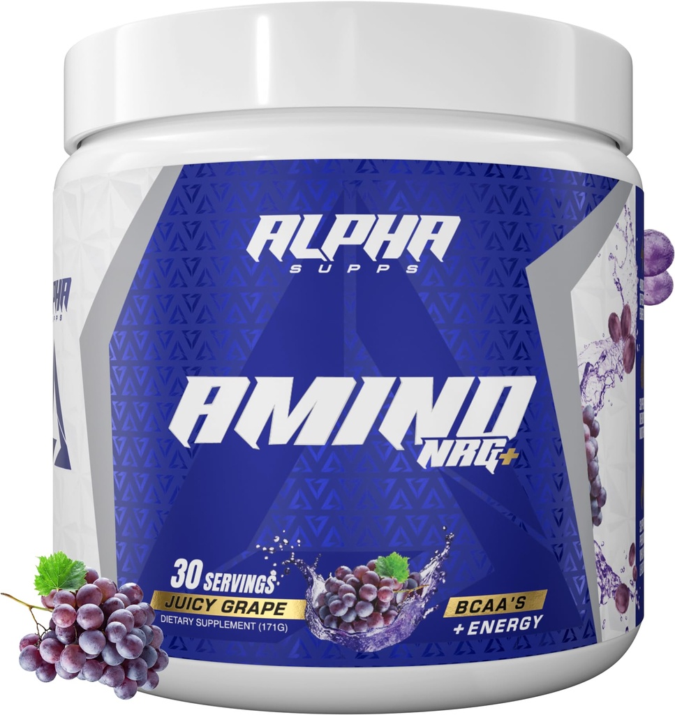 Alpha Supps Amino NRG + BCAA Amino Energy Recovery Powder - Hydration Blend med Electrolytes - Focus Blend for Optimal Performance Support i Mænd & Kvinder (30 Servere, Juicy Grape)